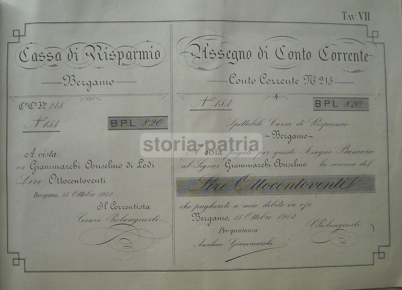 Assegno Cassa Di Risparmio Di Bergamo 1912, Stampa Calligrafica