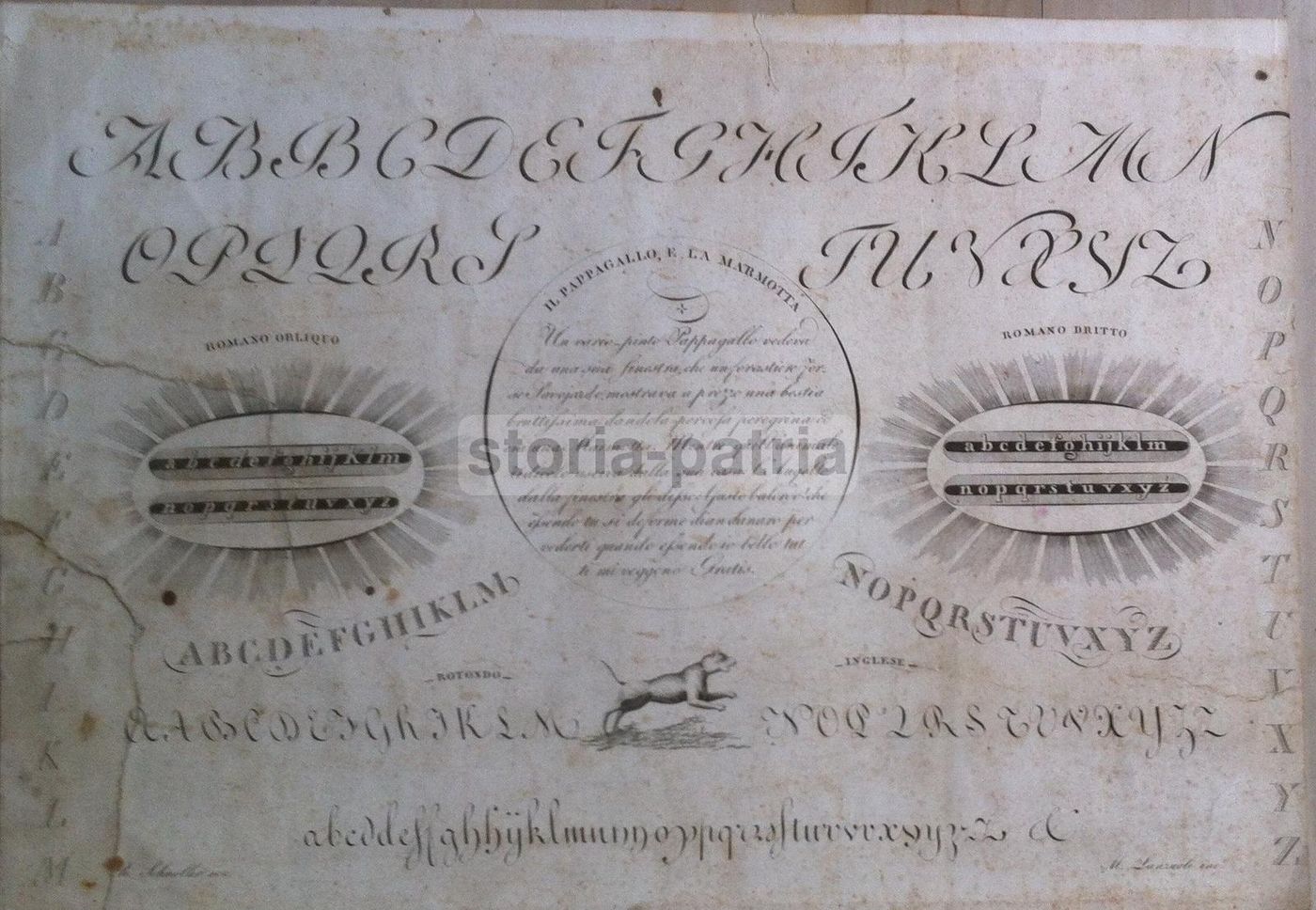 Incisione Di Calligrafia Con Favola "Il Pappagallo E La Marmotta", M. Lanzuoli