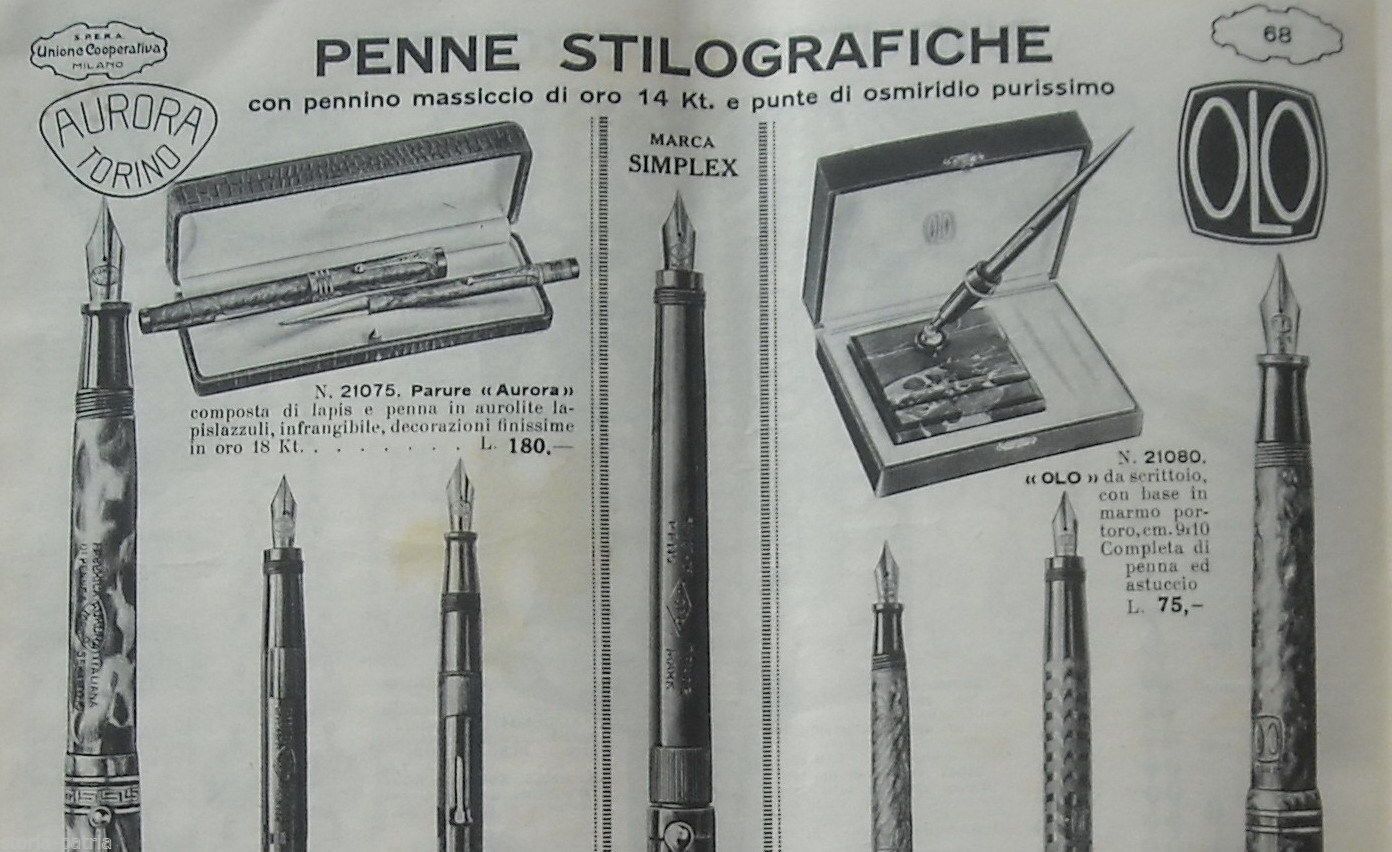 Stampa Pubblicitaria Penne Aurora, Olo, Carta Da Lettere E Orologi, Anni '40