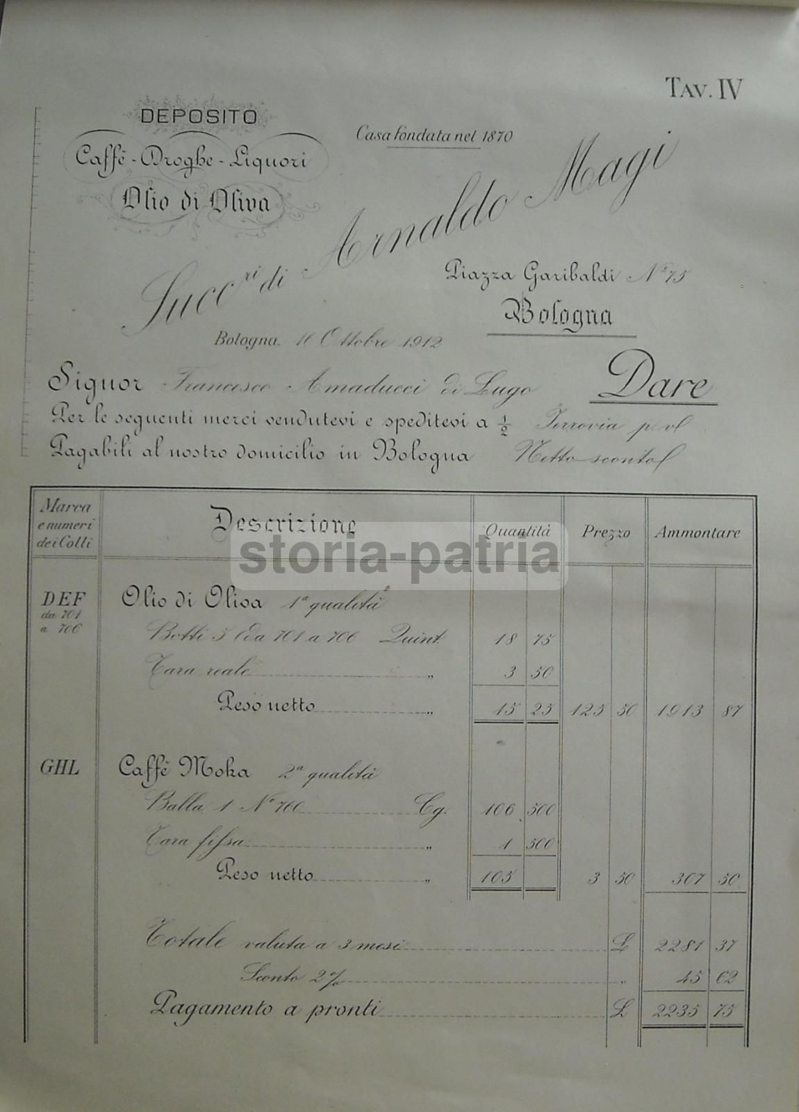 Fattura Calligrafica Ditta Magi Bologna 1912 Olio Caffè Lugo