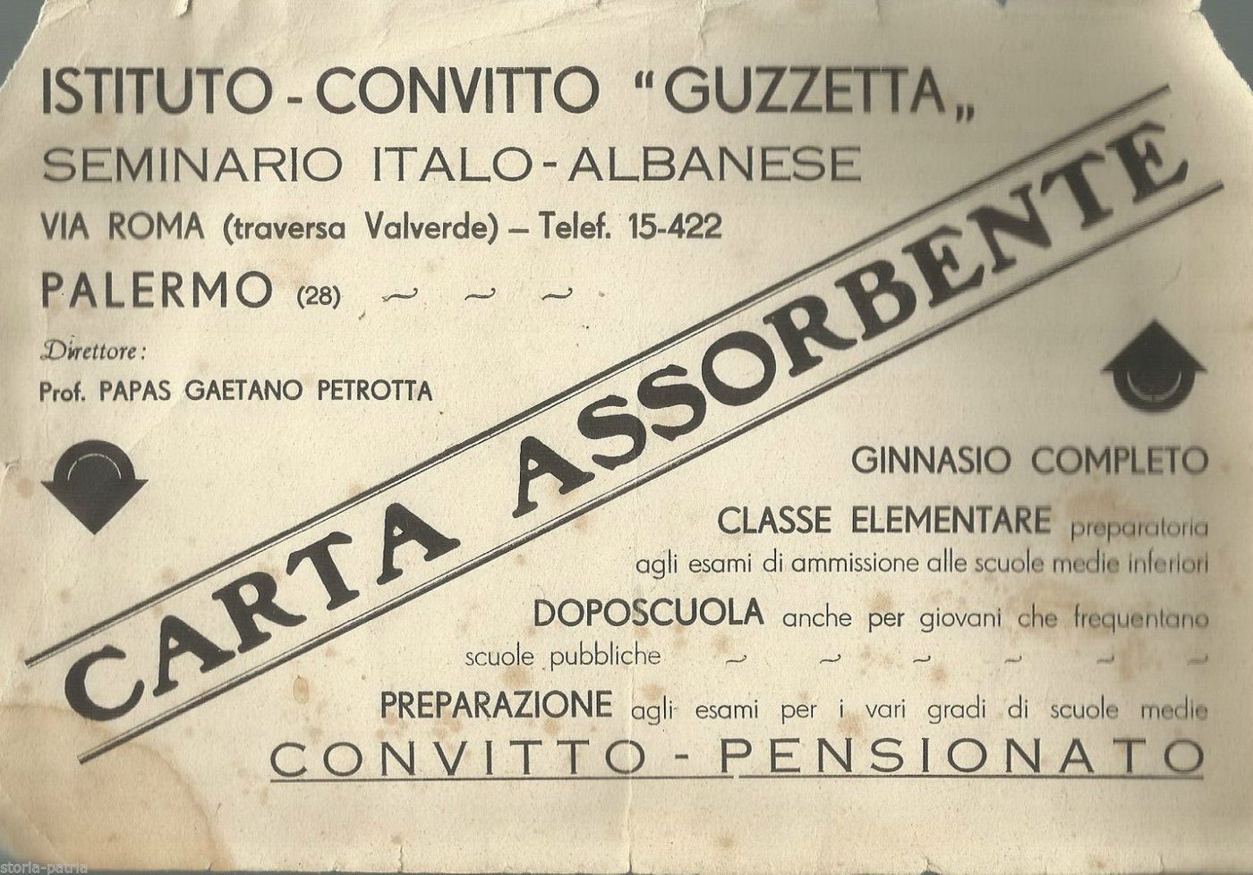 Carta Assorbente Pubblicitaria Istituto Guzzetta Palermo Anni '40