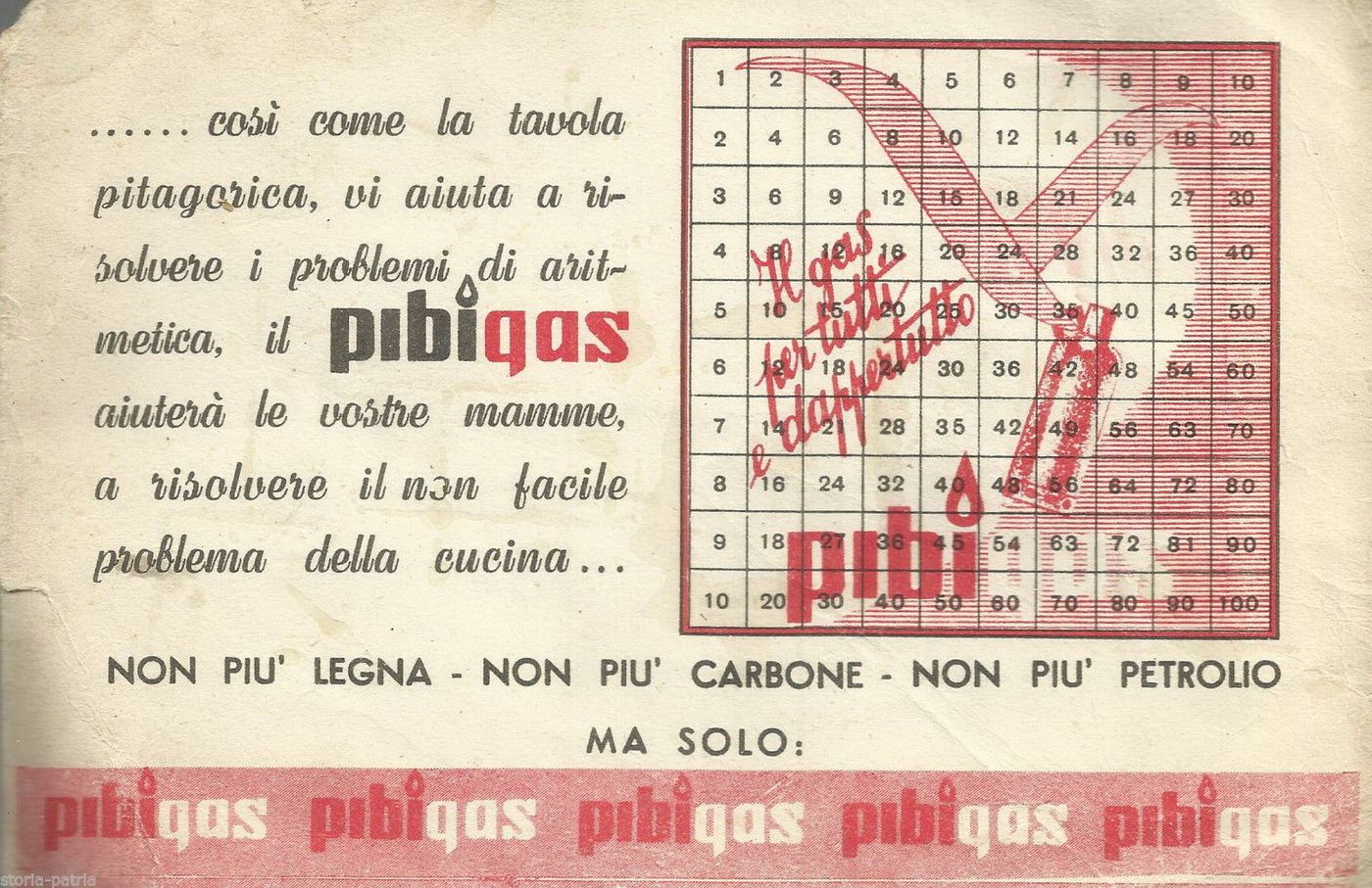 Carta Assorbente Pubblicitaria Pibigas Con Tavola Pitagorica, Anni '50