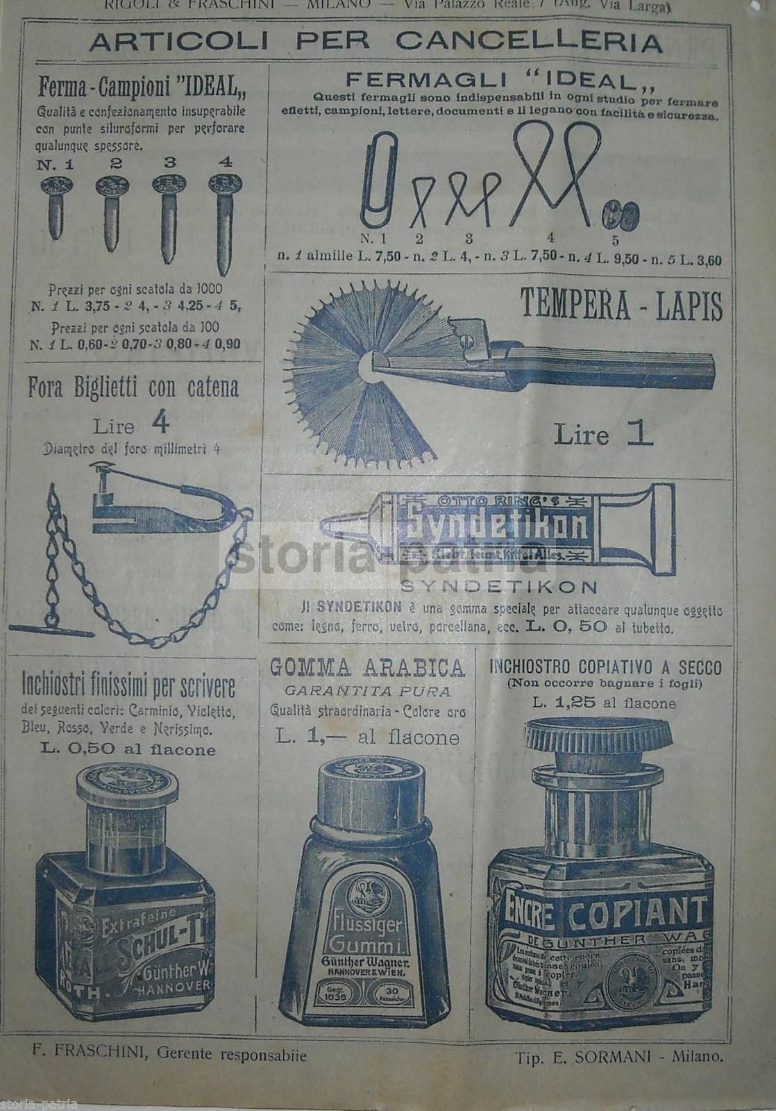 Catalogo Rigoli & Fraschini 1909: Timbri, Inchiostri E Cancelleria