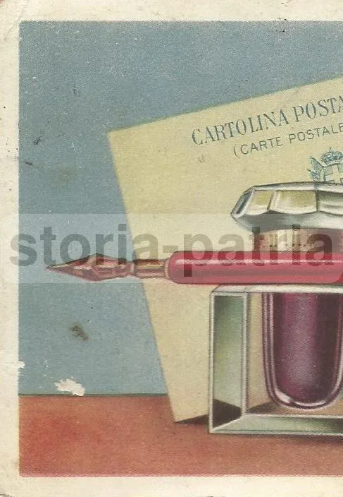 Antique Postal Card with Pen, Inkwell and Ink, 1920s