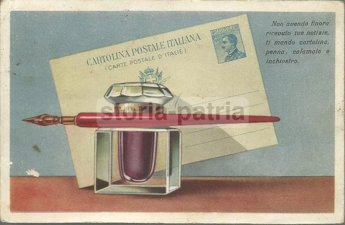Antique Postal Card with Pen, Inkwell and Ink, 1920s