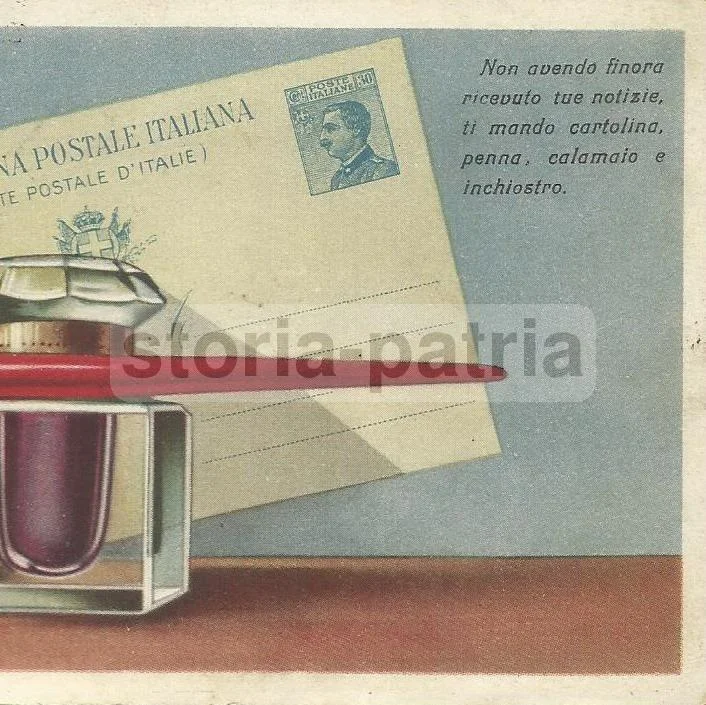 Antique Postal Card with Pen, Inkwell and Ink, 1920s