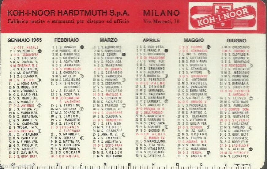 Calendarietto Pubblicitario Koh I Noor Hardtmuth 1965 Milano