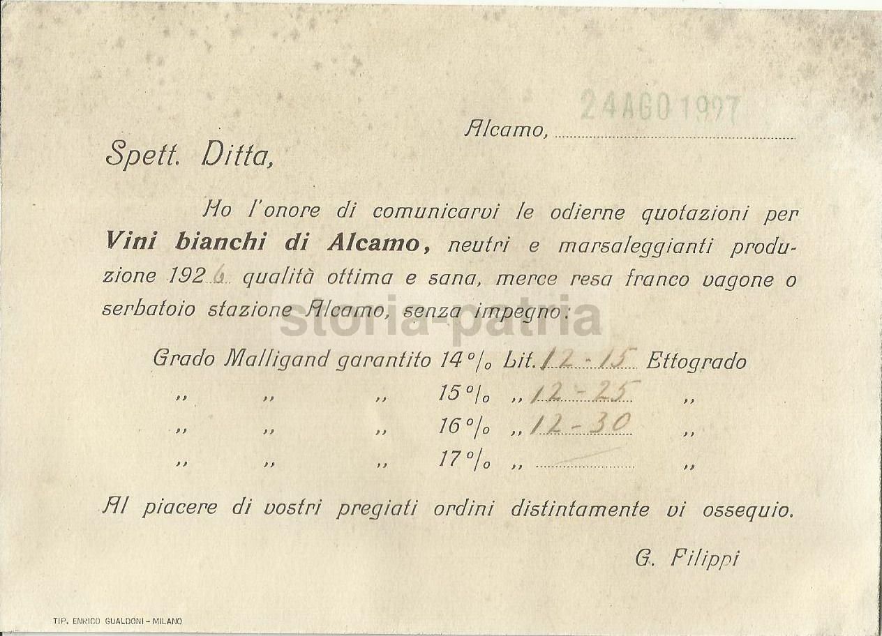Depliant Pubblicitario Casa Vinicola Filippi Alcamo 1927 Sicilia