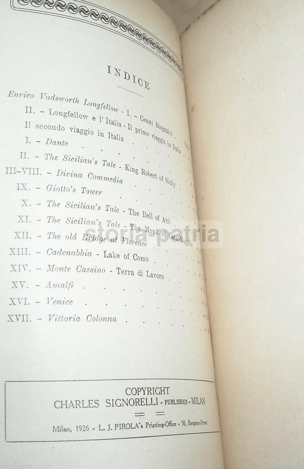 Longfellow And Italy. A Choice Of Poems. Signorelli, 1926. Edizione Rara