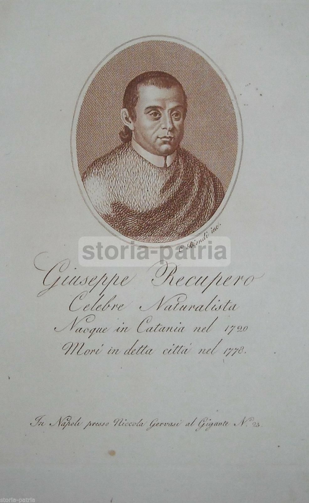 Giuseppe Recupero Naturalista Catania Incisione Acquaforte 1818