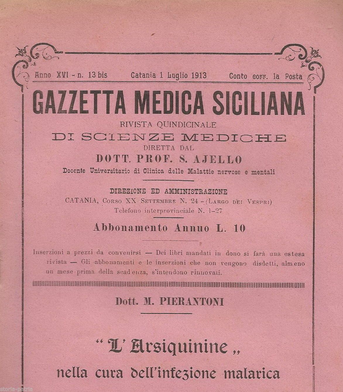 Gazzetta Medica Siciliana 1913: Studio Sulla Malaria E Arsichinina