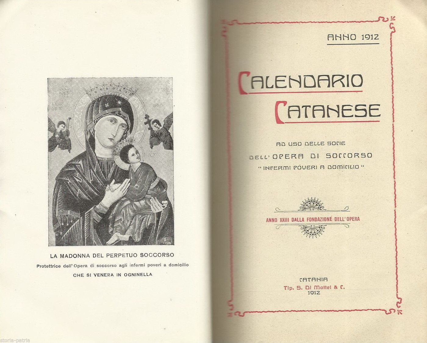 Almanacco Opera Soccorso Infermi Catania 1912 Madonna Ogninella