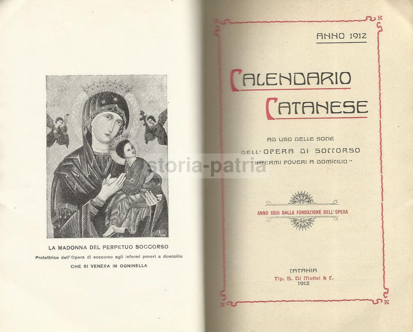Almanacco Opera Soccorso Infermi Catania 1912 Madonna Ogninella