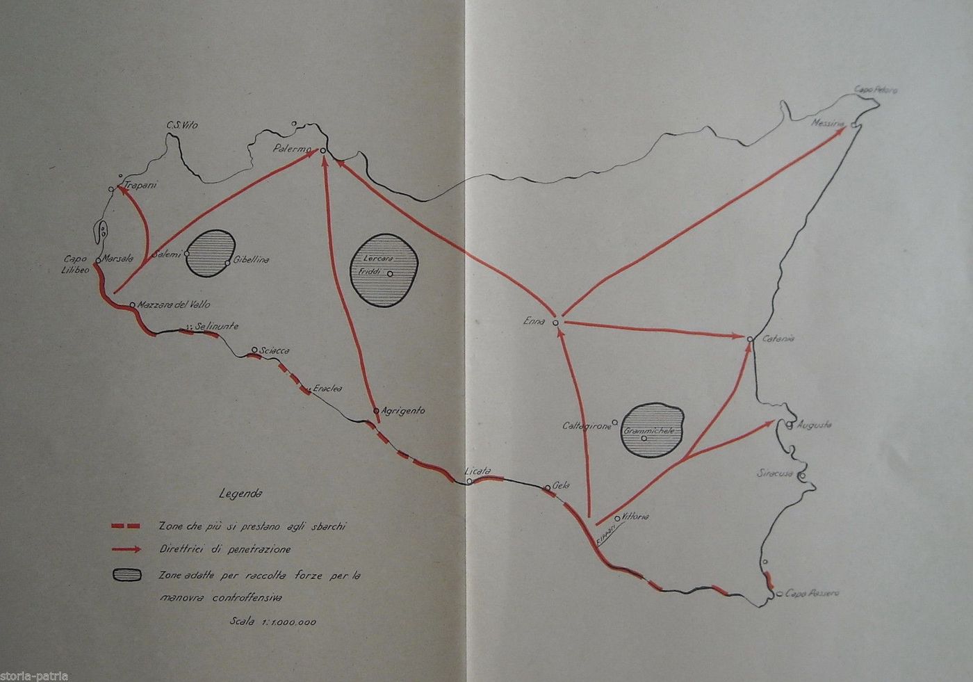 Mappa Militare Sicilia Anni '40: Sbarchi E Direttrici Topografiche