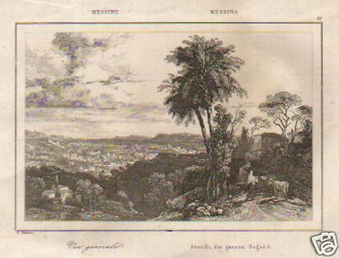 Antica Incisione Di Messina Di L. Thienon, Metà '800, Veduta Della Sicilia