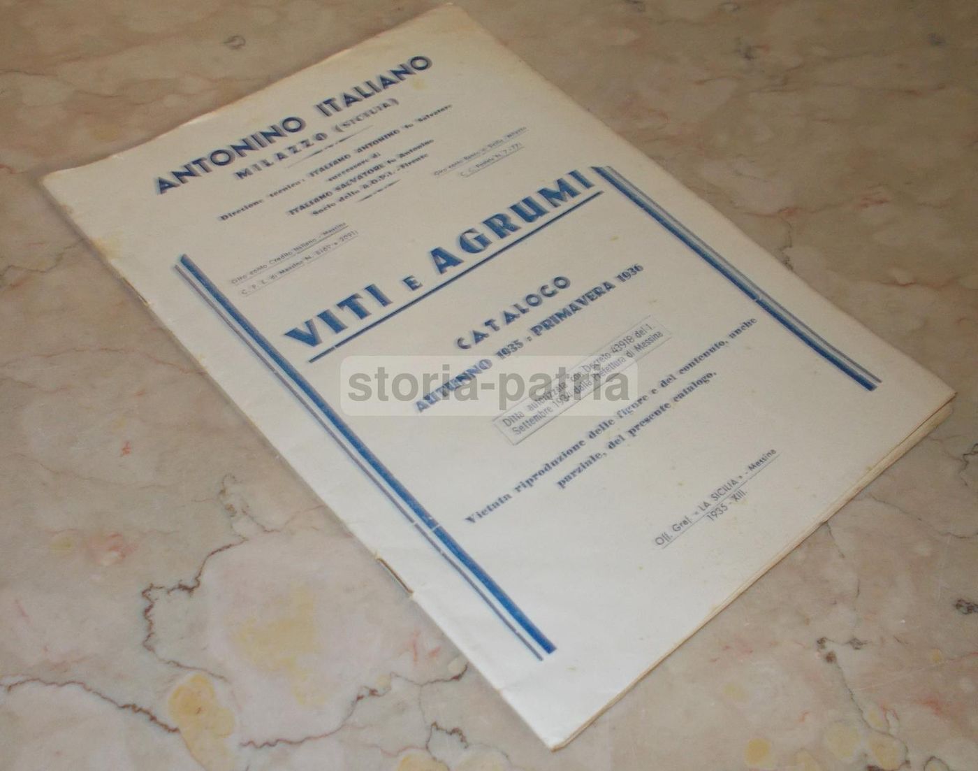 Catalogo Viti E Agrumi Antonino Italiano, Milazzo 1935 1936