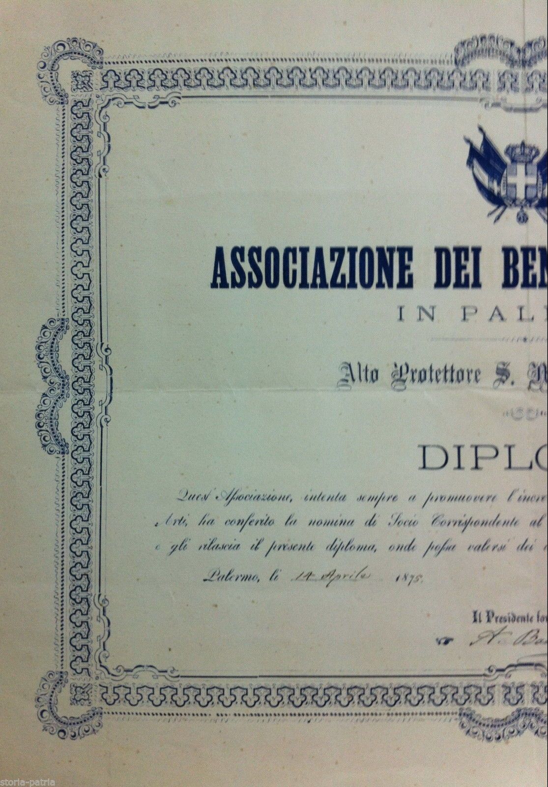 Diploma Associazione Benemeriti Italiani, Palermo 1875, Stemma Savoia