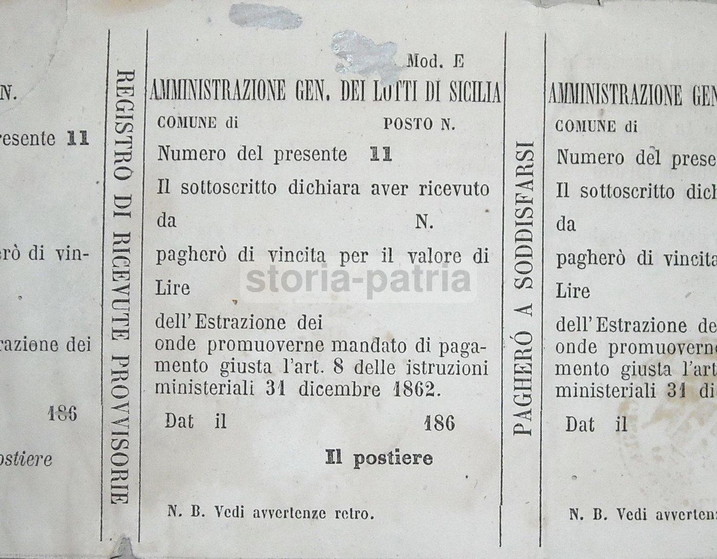 Cedola Lotti Siciliani, Palermo. Originale d'Epoca, Seconda Metà Del XIX Secolo.