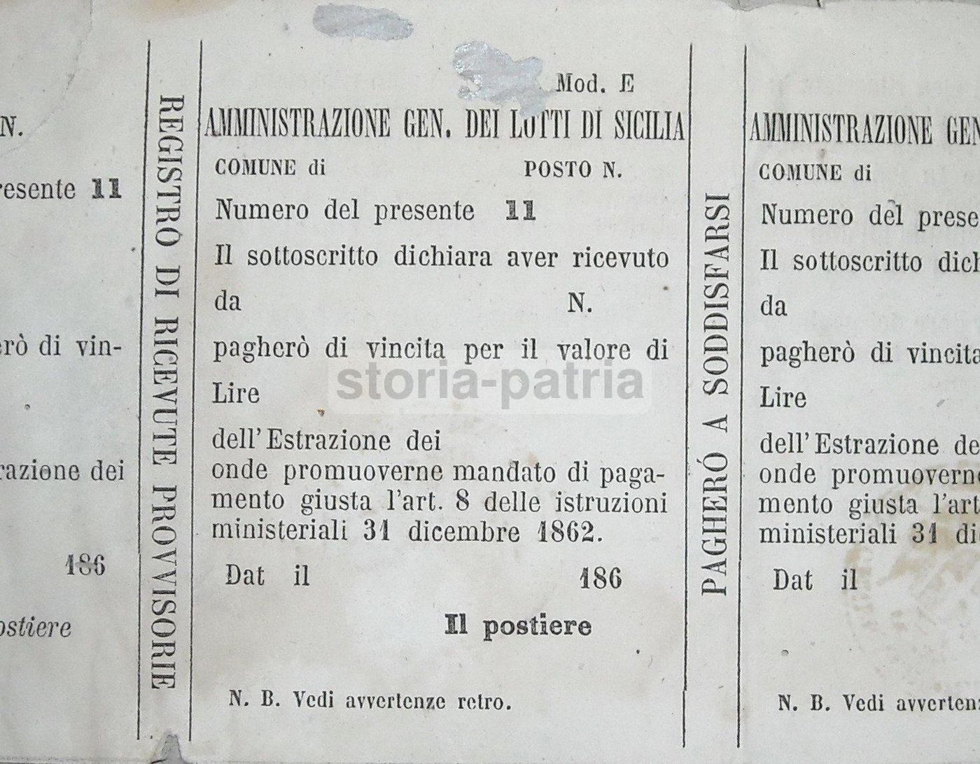 Cedola Lotti Siciliani, Palermo. Originale d'Epoca, Seconda Metà Del XIX Secolo.
