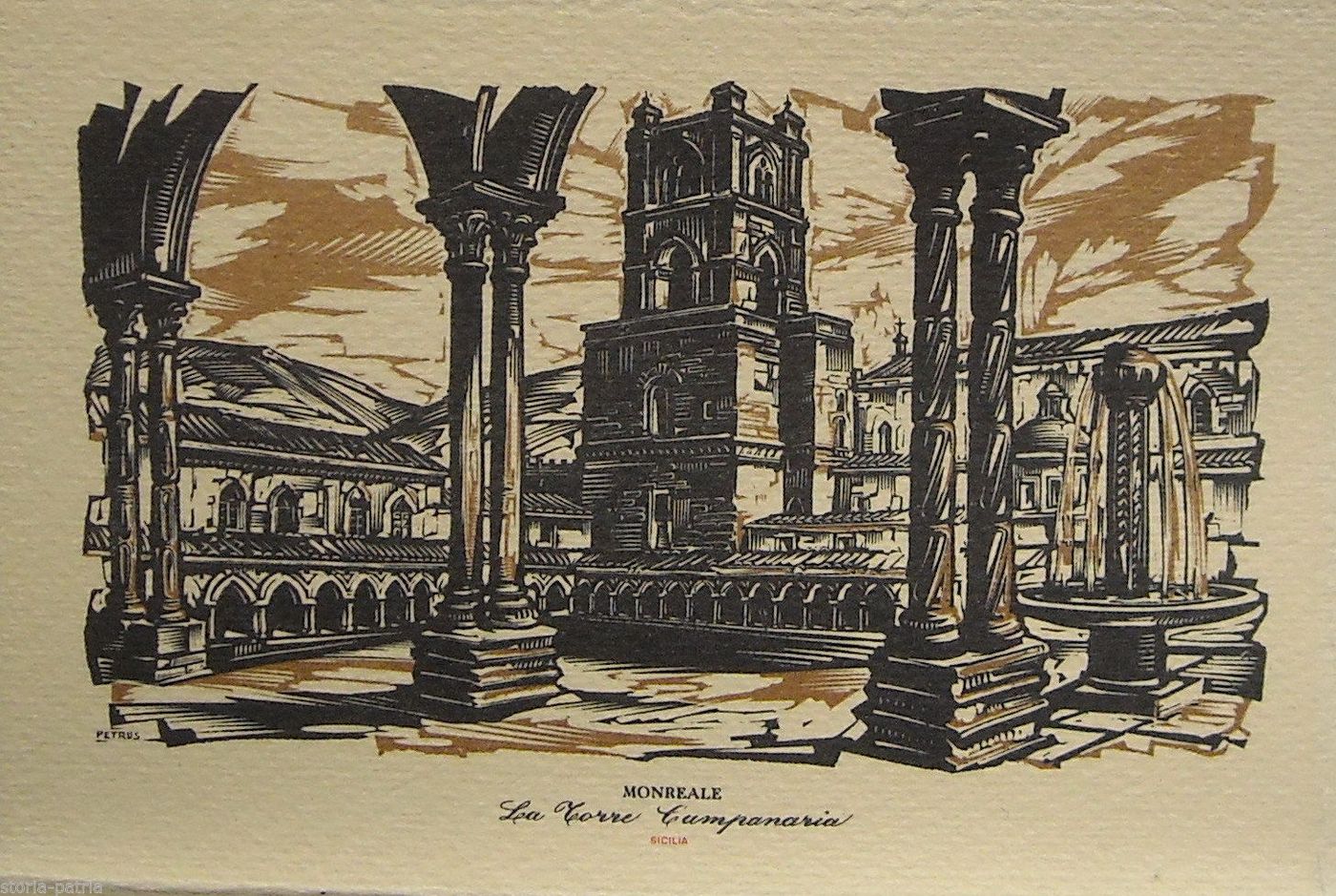 Cartolina Antica Torre Campanaria Monreale Palermo Sicilia 1956