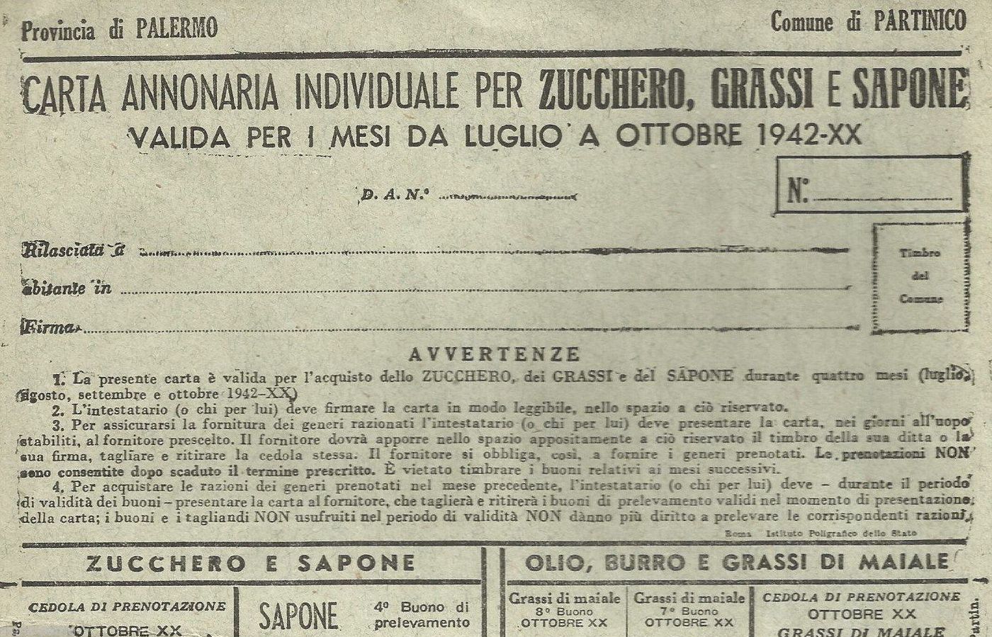 Carta Annonaria Partinico 1942: Zucchero, Grassi E Sapone, Sicilia