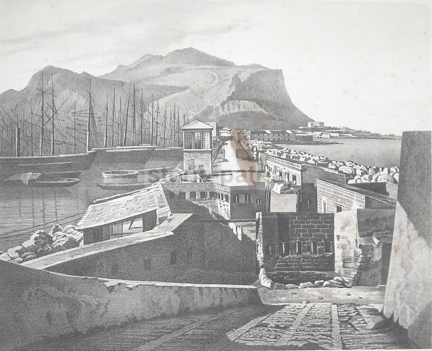 Litografia Di Palermo, Il Molo E Il Monte Pellegrino Con Bastimenti Napoletani, 1860