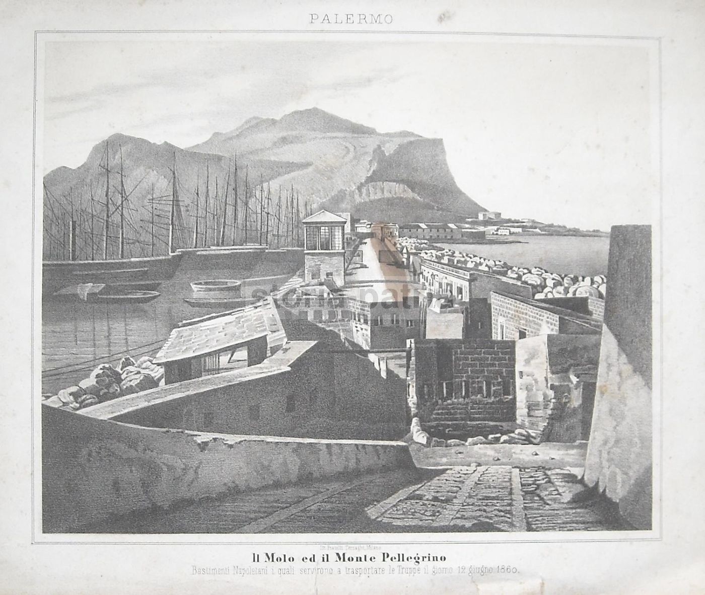 Litografia Di Palermo, Il Molo E Il Monte Pellegrino Con Bastimenti Napoletani, 1860
