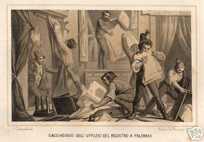 Litografia Saccheggio Ufficio Registro Di Palermo, Risorgimento