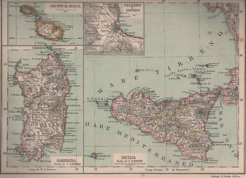 Antica Mappa Di Sicilia, Sardegna, Malta E Calabria, Fine '800, E. Kerbs