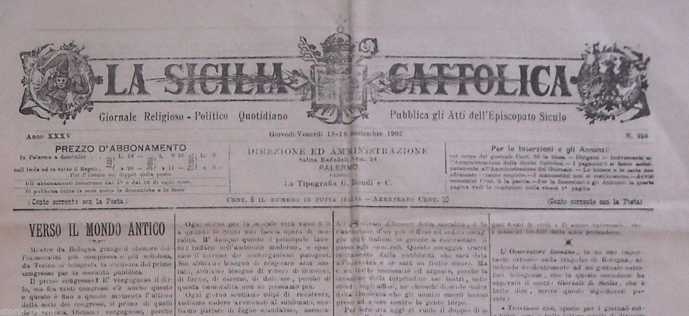 La Sicilia Cattolica 1902 Giornale Palermo Zanardelli Bologna
