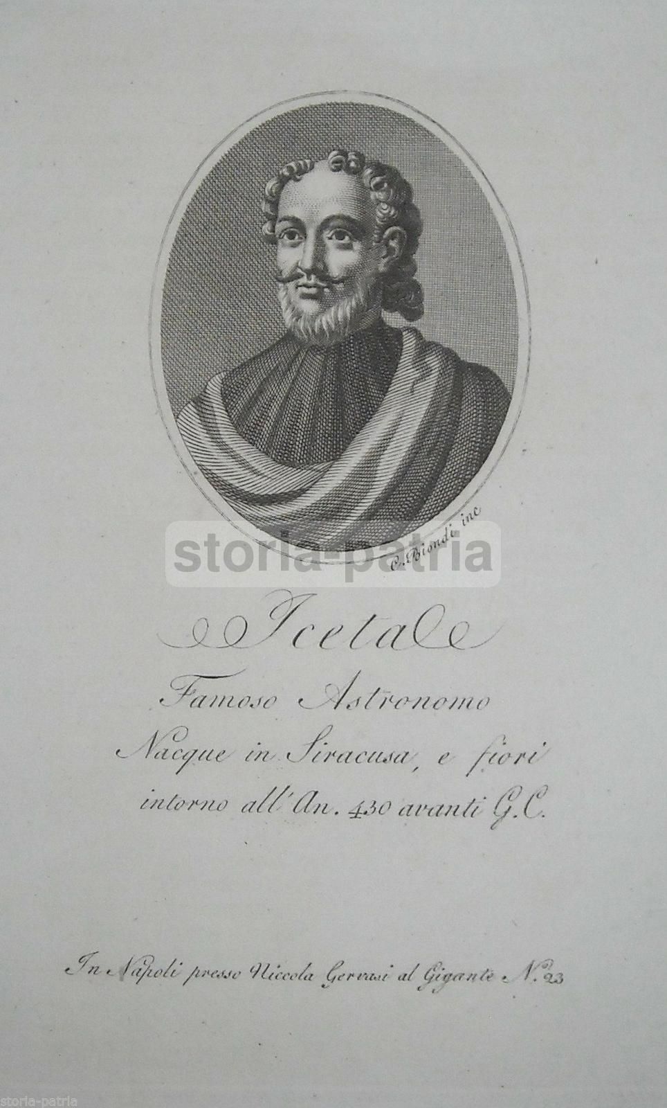 Iceta, Astronomo Di Siracusa. Incisione Di C. Biondi, 1800 Circa. Uomini Illustri Di Sicilia