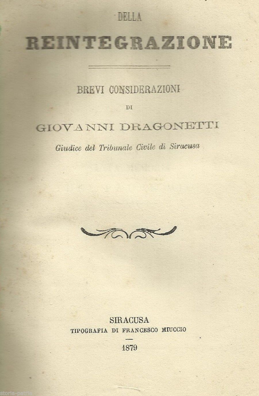 Dragonetti, Della Reintegrazione: Brevi Considerazioni (Siracusa, 1879)