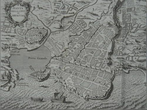 Antica Mappa Di Siracusa, Ortigia E Plemmirio. Incisione All'Acquaforte Del XVIII Secolo.
