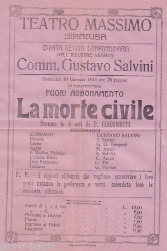 Locandina Teatro Massimo Siracusa Gustavo Salvini 1915