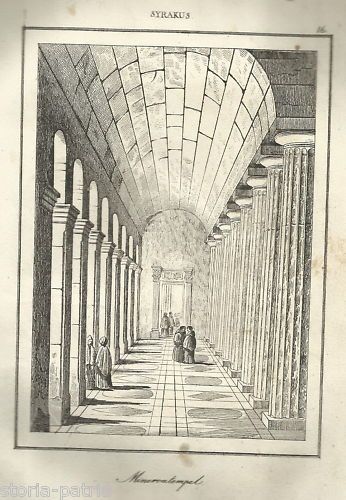 Tempio Di Minerva, Siracusa: Antica Veduta, Stampa Originale (1836)