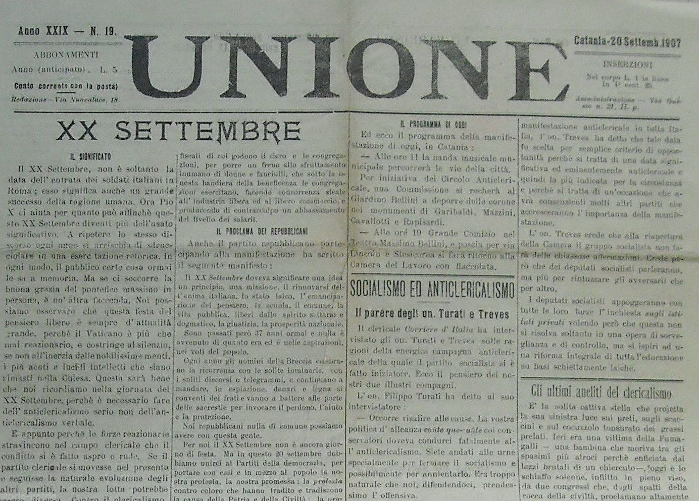 Giornale Unione, 1907: Catania, Socialismo E Anticlericalismo