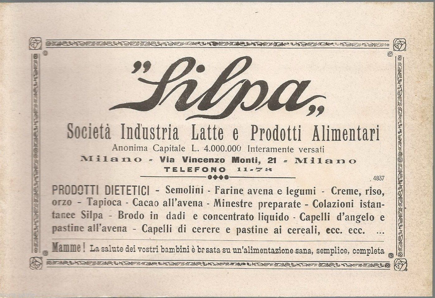Silpa Milano Pubblicità Alimentari E Dietetici Epoca 1922