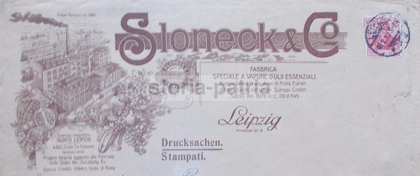Busta Pubblicitaria Sloneck & Co. Leipzig, Oli Essenziali, Primo '900