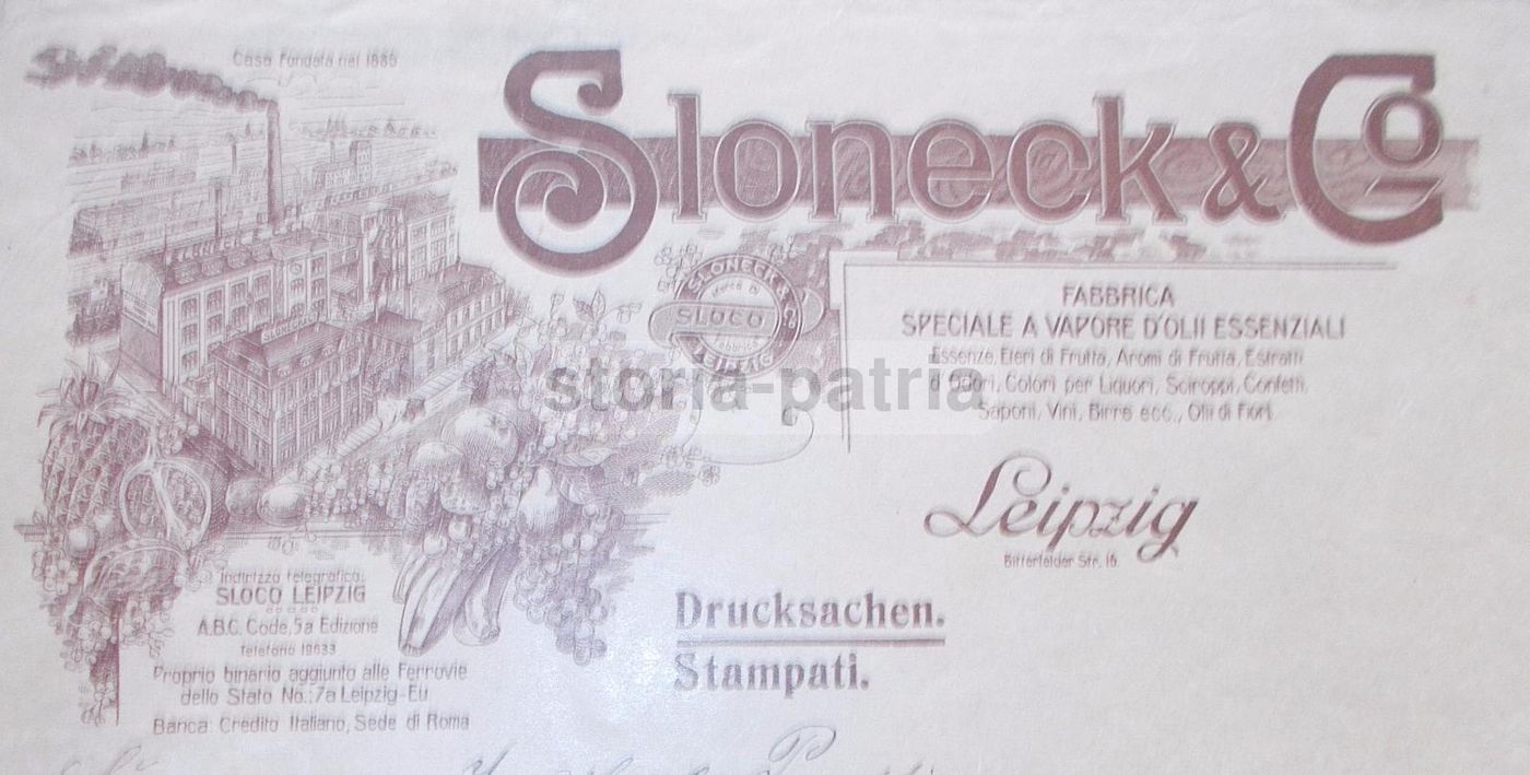 Busta Pubblicitaria Sloneck & Co. Leipzig, Oli Essenziali, Primo '900