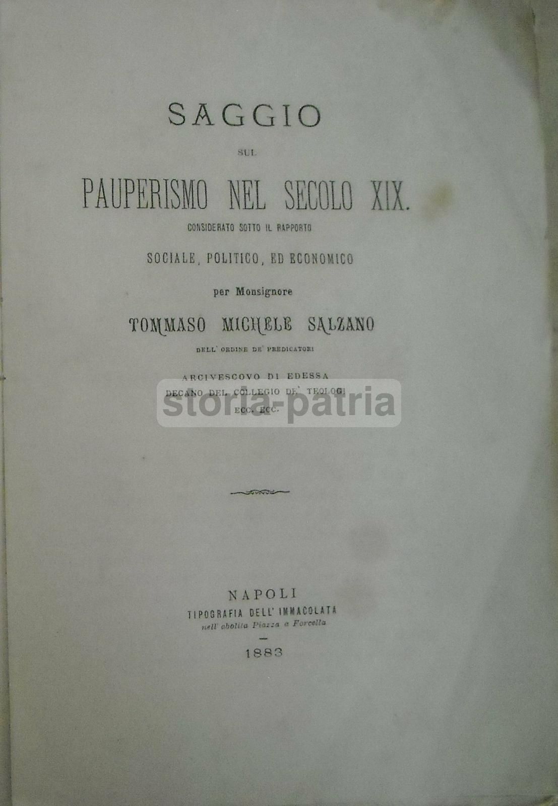 Saggio Sul Pauperismo Nel Secolo XIX, Salzano, 1883, Napoli