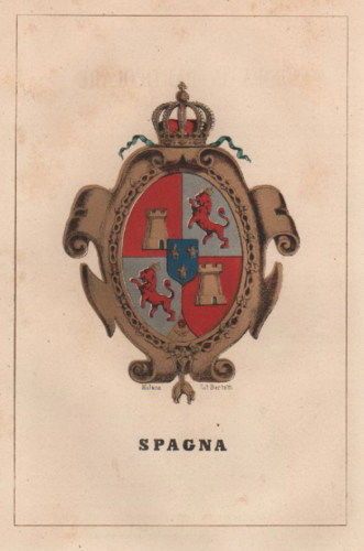 Stemma Araldico Della Spagna, Litografia Antica Originale Del XIX Secolo, Bertotti