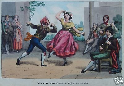 Litografia Antica Bolero Granada Spagna Costumi Popolari 1800