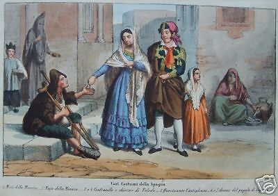Stampa Antica Costumi Spagnoli: Toledo, Segovia, Castiglia, 1850 Circa