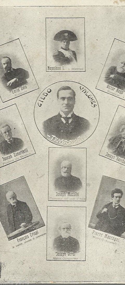Cartolina Trasformista Gildo Valghes Con Garibaldi, Verdi E Napoleone
