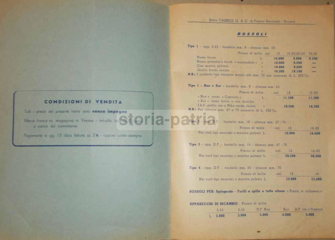 Catalogo Listino Casnici Bernardelli Verona 1960 Caccia Pesca Armi