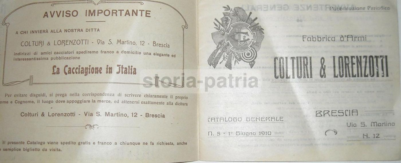 Catalogo Armi Colturi & Lorenzotti Brescia 1910 Fucili Caccia