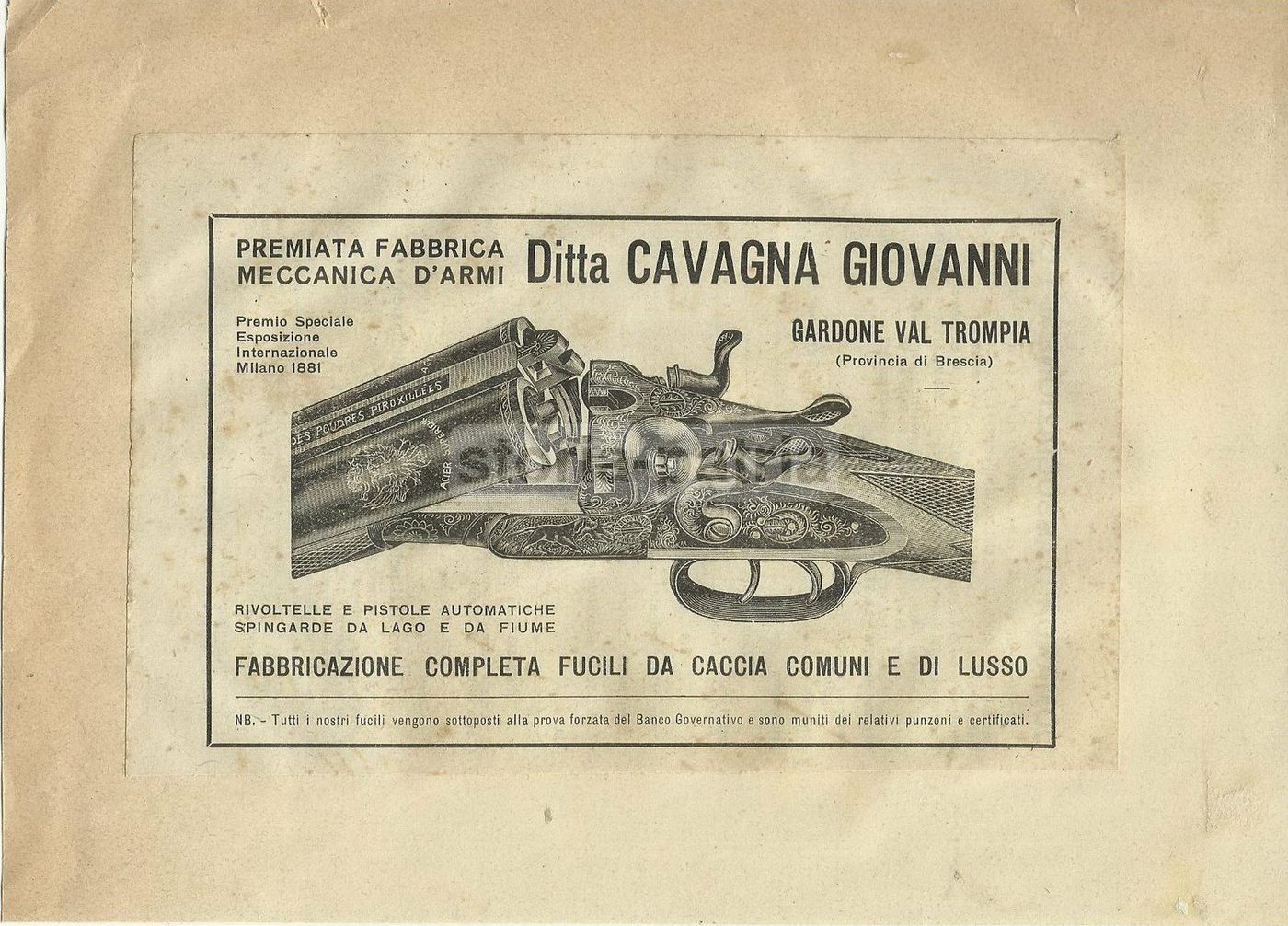 Pubblicità Antica Cavagna Armi Gardone Val Trompia Brescia 1920