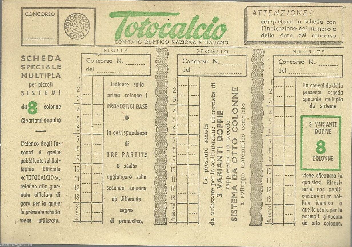 Schedina Totocalcio Originale Anni 50 60 Coni Collezione Vintage