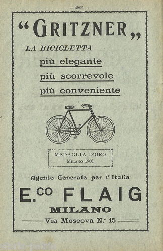 Pubblicità Antica Biciclette Gritzner, Flaig, Milano 1907