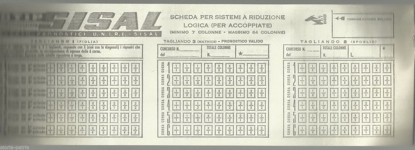Scheda Totip Sisal Per Sistemi A Riduzione Logica, Ippica, Anni '50 '60